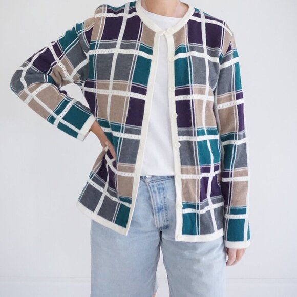 Sweaters - Alfred Dunner Cream Multi Cotton Plaid Knit Button Cardigan Preppy M